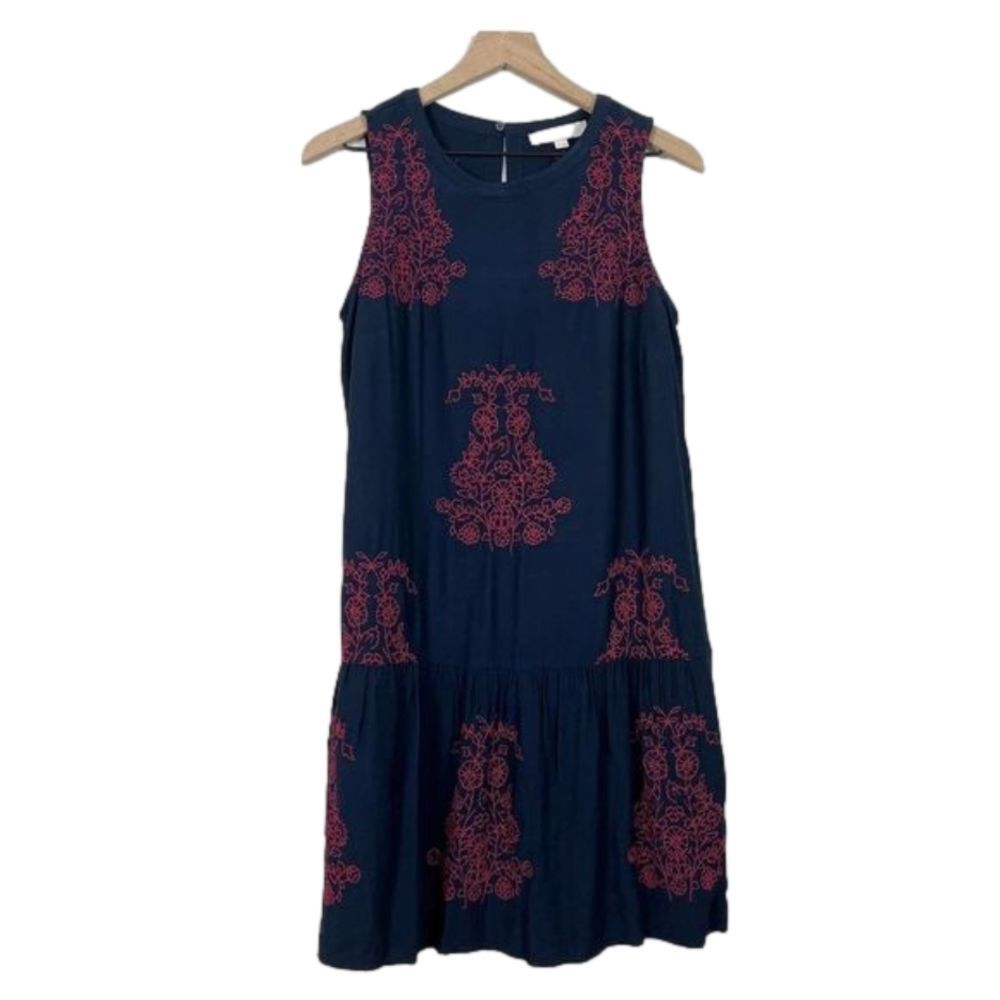 Loft Navy Pink Floral Embroidered Flounce Hem Sleeveless Dress Size 6